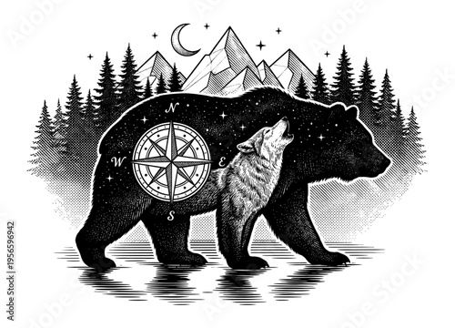 Bear and wolf double exposure with mountain forest and compass