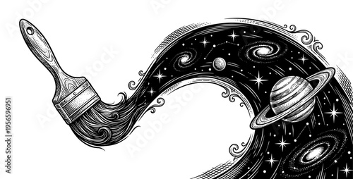 Paintbrush creating cosmic space galaxy with saturn in woodcut style