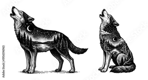 Howling wolf double exposure with forest and night sky
