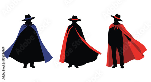 Three masked figures in capes and hats stand against a white background showcasing a dramatic silhouette high quality professional detailed modern