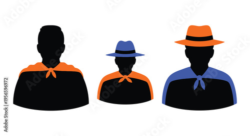 Three figures wearing hats and capes are depicted in a striking minimalist style silhouette high quality professional detailed modern elegant stylish