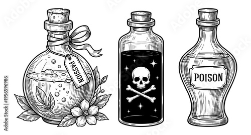 Potion and poison bottle set with skull in engraving style
