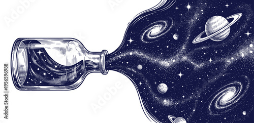 Universe and galaxy pouring out of bottle ink vintage engraving