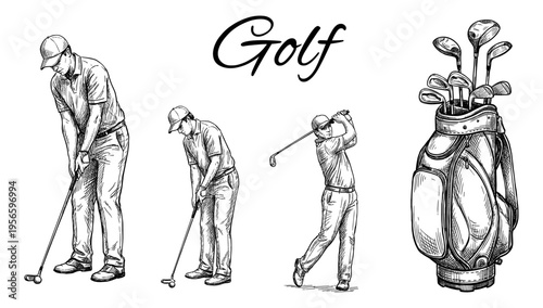  Golf player set with bag and club in vintage sketch style
