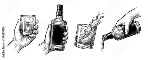 Whiskey bottle and glass set with hand pouring and splash sketch