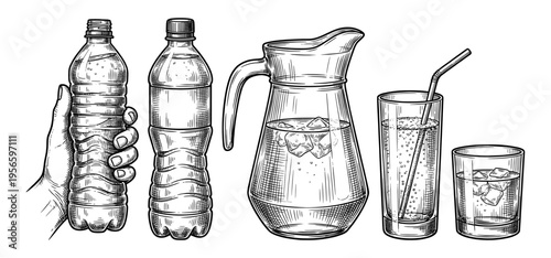 Plastic water bottle and pitcher set with glass and ice sketch