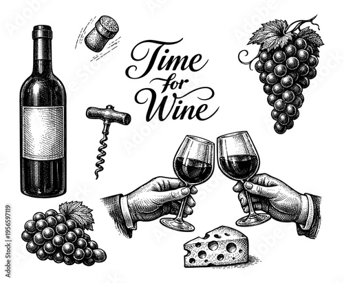 Wine set with bottle glass cheese and grapes sketch