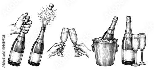 Champagne set with opening bottle and toast in engraving style
