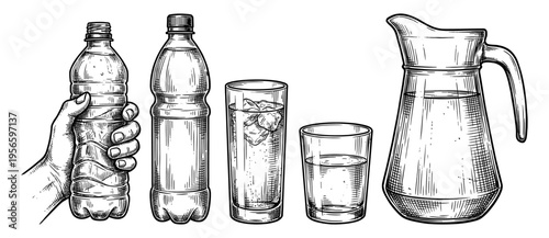 Water bottle and pitcher set with glass and ice sketch