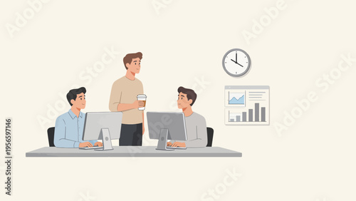 Three men working at computers in an office
