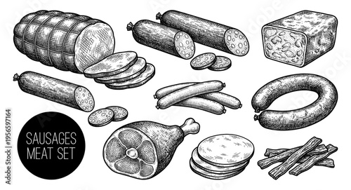 Sausage and meat set with ham salami and bacon sketch
