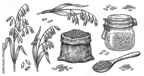 Oat cereal set with grain sack and jar in in hand drawn sketch style