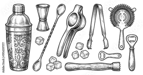 Cocktail bar tool set with shaker jigger and strainer ink sketch