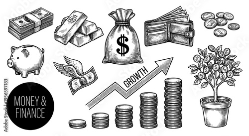 Money and finance set with growth arrow in hand drawn sketch style