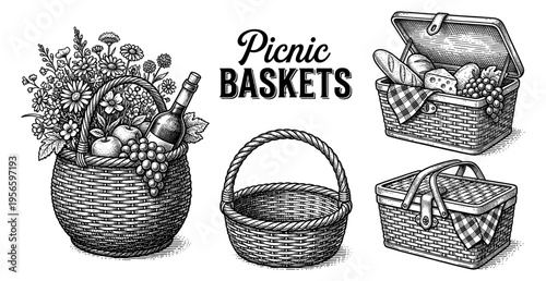 Picnic wicker basket set with wine fruit and food hand drawn sketch