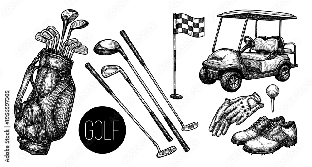 Obraz premium Golf equipment set with bag club and cart hand drawn sketch