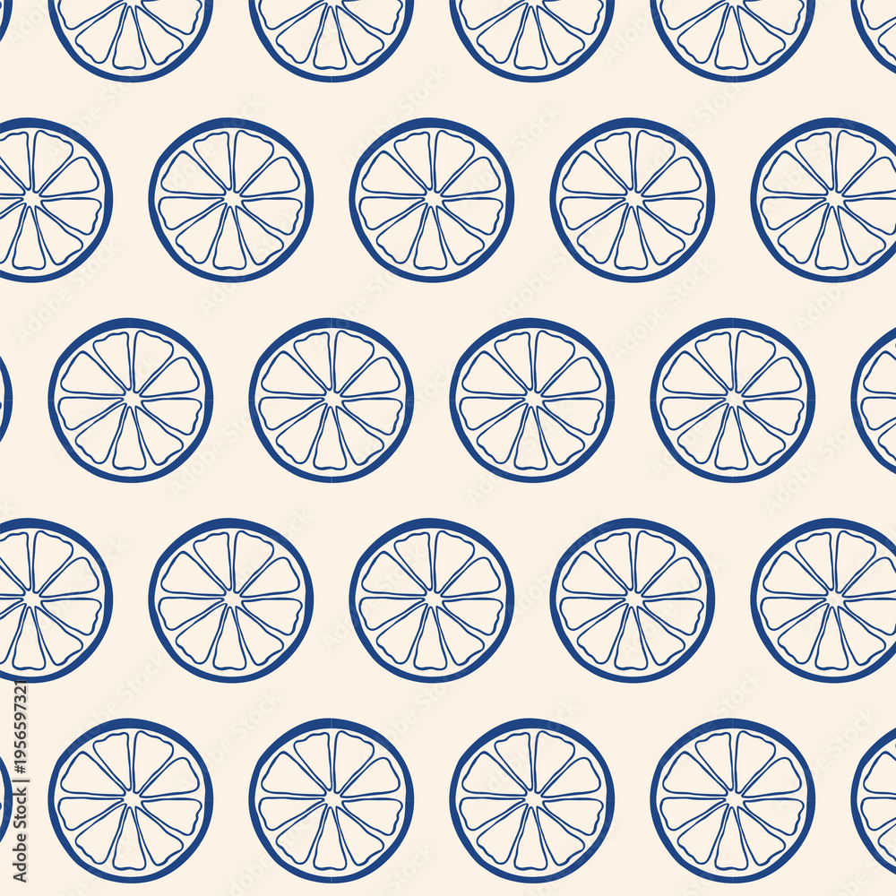 Fototapeta premium Hand drawn lemon slice seamless pattern in playful whimsical style. Citrus fruit vector background perfect for textile, packaging, wrapping paper, kitchen decor and summer surface design.