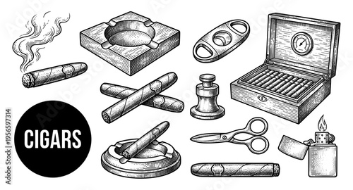 Cigar accessory set with humidor ashtray and lighter hand drawn sketch