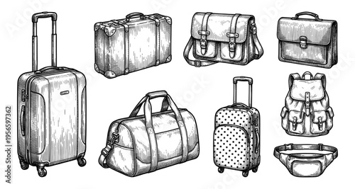 Travel bag and suitcase set with backpack and briefcase hand drawn sketch