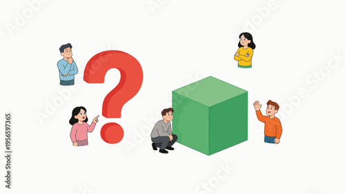 People surrounding cube and question mark
