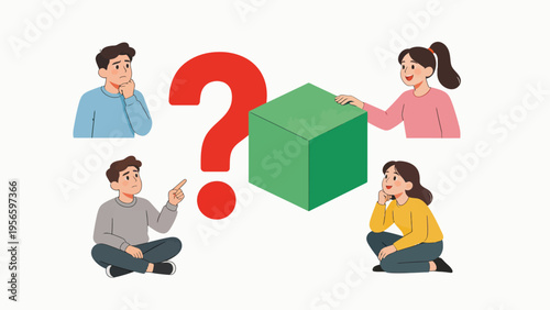 Four people with a question mark and cube