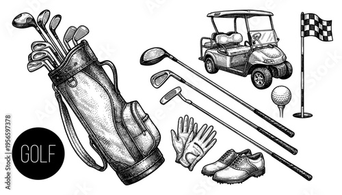 Golf equipment set with bag club cart and shoe hand drawn sketch