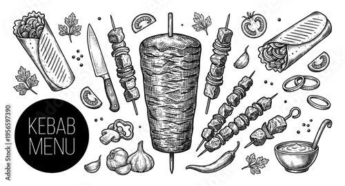 Kebab and shawarma food set with doner and shish hand drawn sketch