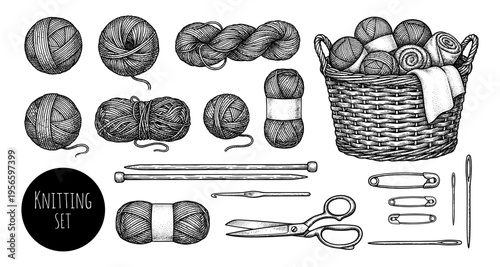 Knitting set with yarn ball and wicker basket hand drawn sketch