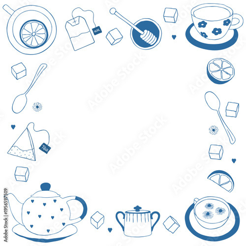 Whimsical hand drawn tea frame border in Mediterranean ceramic style. Cute doodle illustration with teapot, teacups, lemon slices, honey dipper, tea bags, sugar cubes and spoon arranged as decorative 