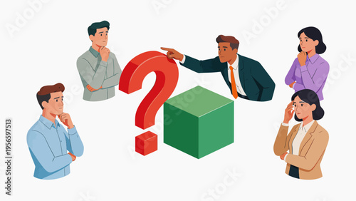 Business team with question mark and cube
