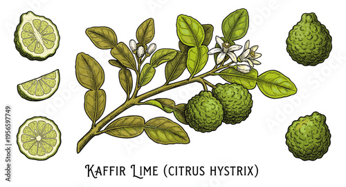 Kaffir lime fruit set in hand drawn colored botanical vintage engraving
