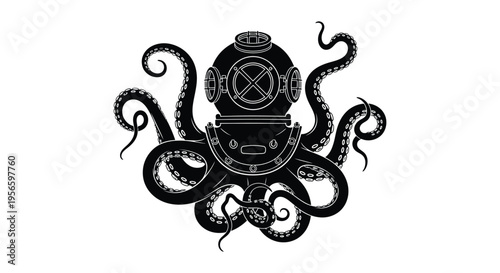 An intricate black silhouette depicts a vintage diving helmet adorned with octopus tentacles creating a unique design silhouette high quality professional