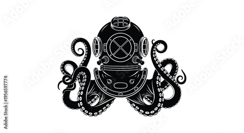 An intricate black silhouette of a vintage diving helmet embraced by octopus tentacles creating a nautical design silhouette high quality professional