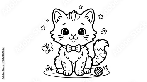 Cute cartoon cat with bowtie sitting.