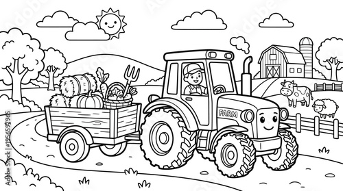 Tractor with trailer and hay bales.
