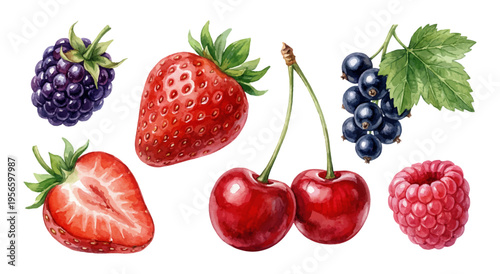 Strawberry raspberry cherry blackberry blackcurrant berry watercolor set