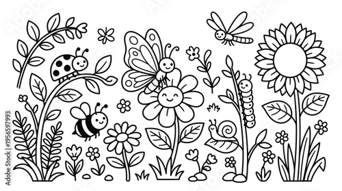 Colorful illustration of garden insects flowers.