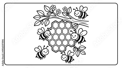 Smiling Bees Around Honeycomb Illustration.