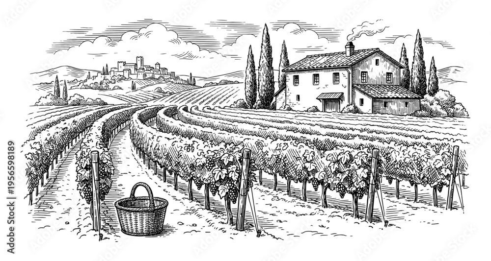 Fototapeta premium Vineyard wine landscape with farmhouse in hand drawn vintage engraving