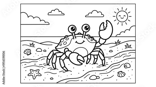 Smiling crab on sandy beach shore.