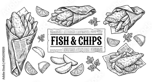 Fish and chips set with lemon and fries vintage hand drawn sketch
