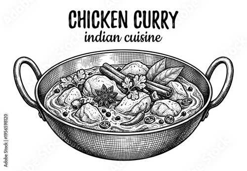 Chicken curry indian food in hand drawn vintage engraving