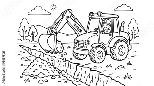 Tractor with excavator digging ground.