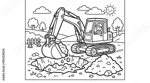 Excavator digging earth with bucket.