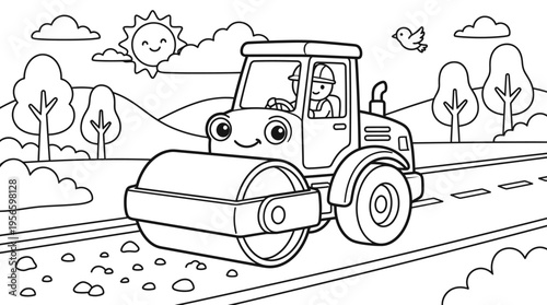 Smiling cartoon road roller machine.
