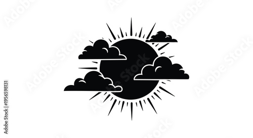 A striking black silhouette depicts a large sun obscured by puffy clouds radiating light with sharp rays a bold silhouette