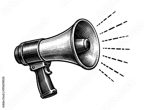 Megaphone loudspeaker in hand drawn vintage engraving style