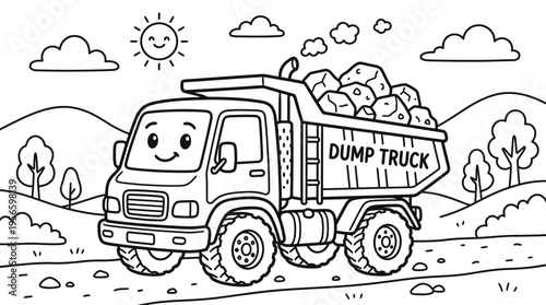 Smiling cartoon dump truck with rocks.