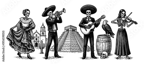 Mexican Dia de los Muertos Day of the Dead skeleton mariachi set engraving