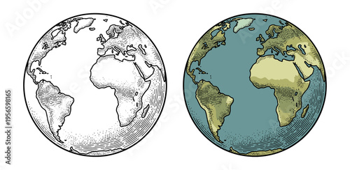 Vintage world globe map set with europe africa in hand drawn engraving